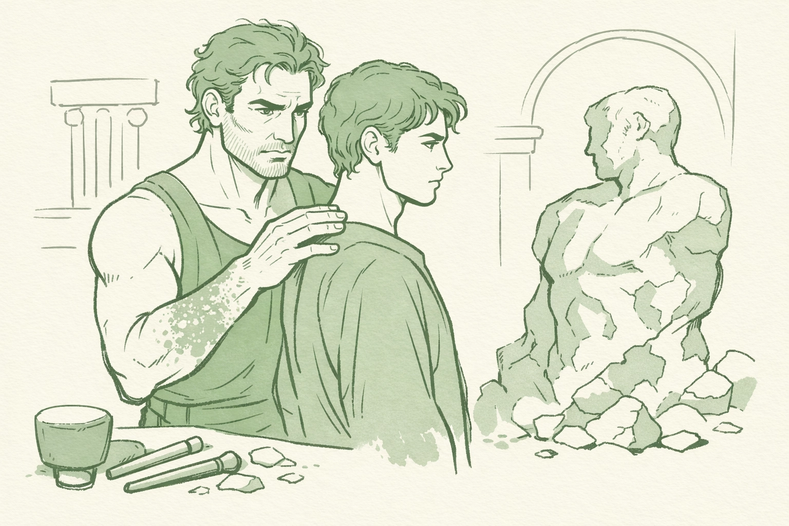 Italian sculptor and young apprentice examining marble statue in Roman studio - MM romance power dynamics