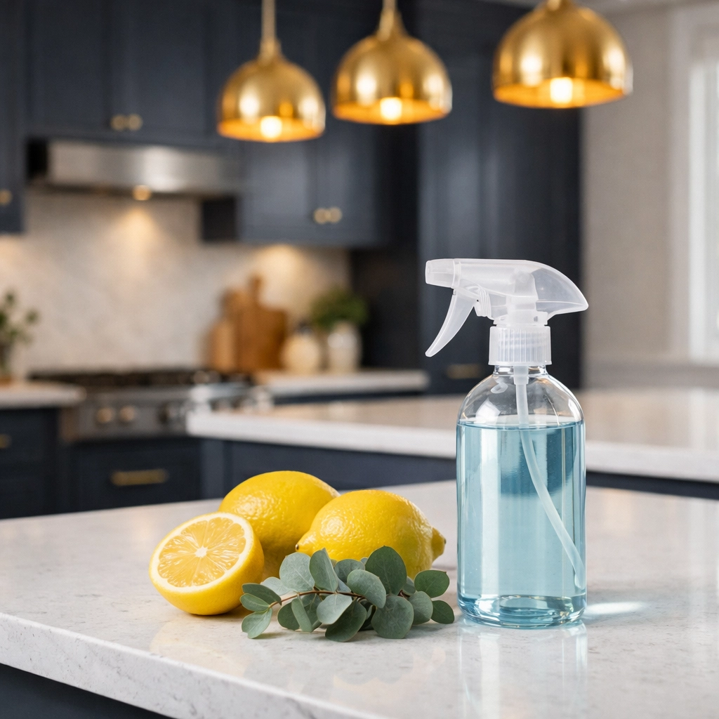 Eco-friendly residential cleaning Massachusetts supplies on a luxury white quartz kitchen island.