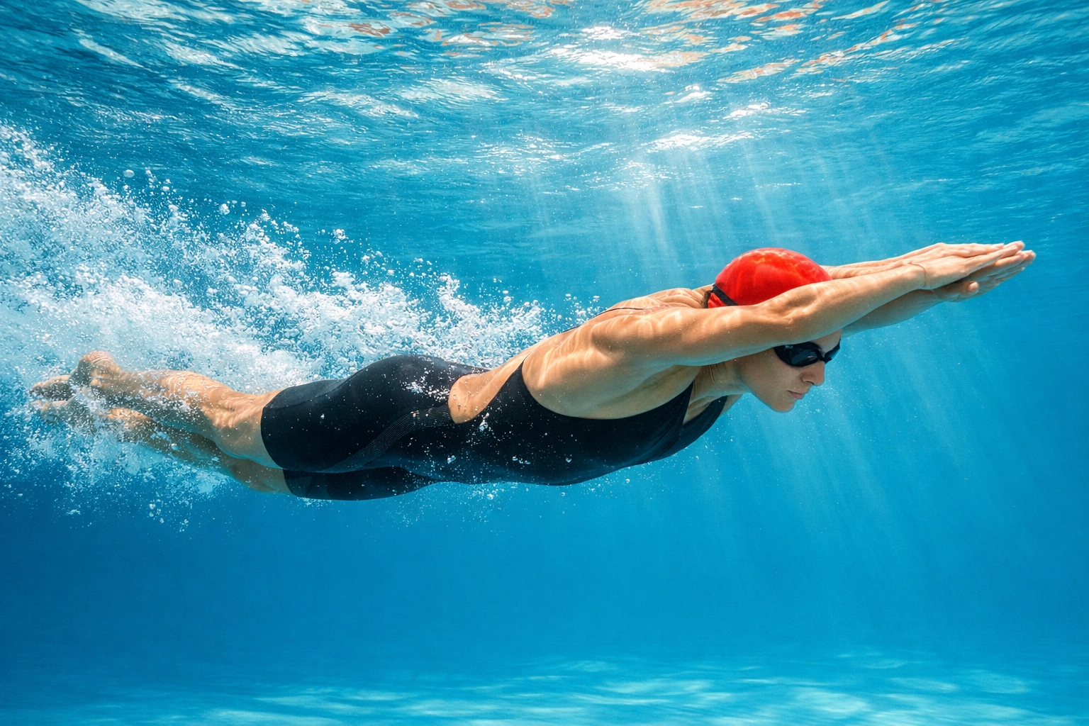 Competitive swimmer performing underwater dolphin kicks in streamline position