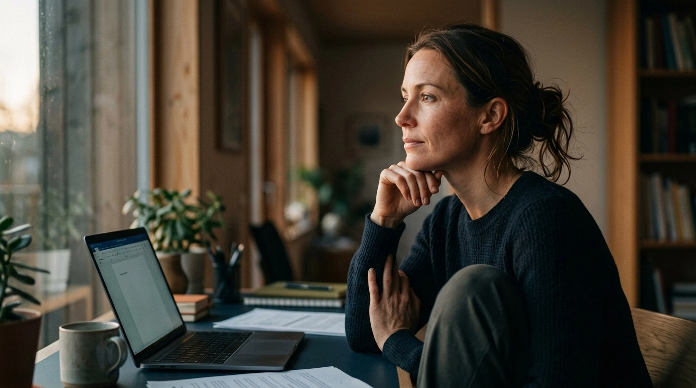 A professional woman sits near a window in quiet reflection, with a laptop and papers nearby, capturing a moment of resilience, belonging, and uncertainty after a layoff.