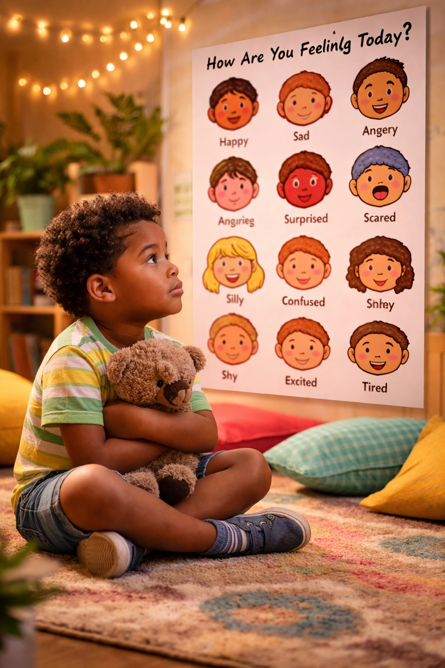 Child holding a stuffed animal while viewing an emotion poster, illustrating calming space tools for self-awareness.