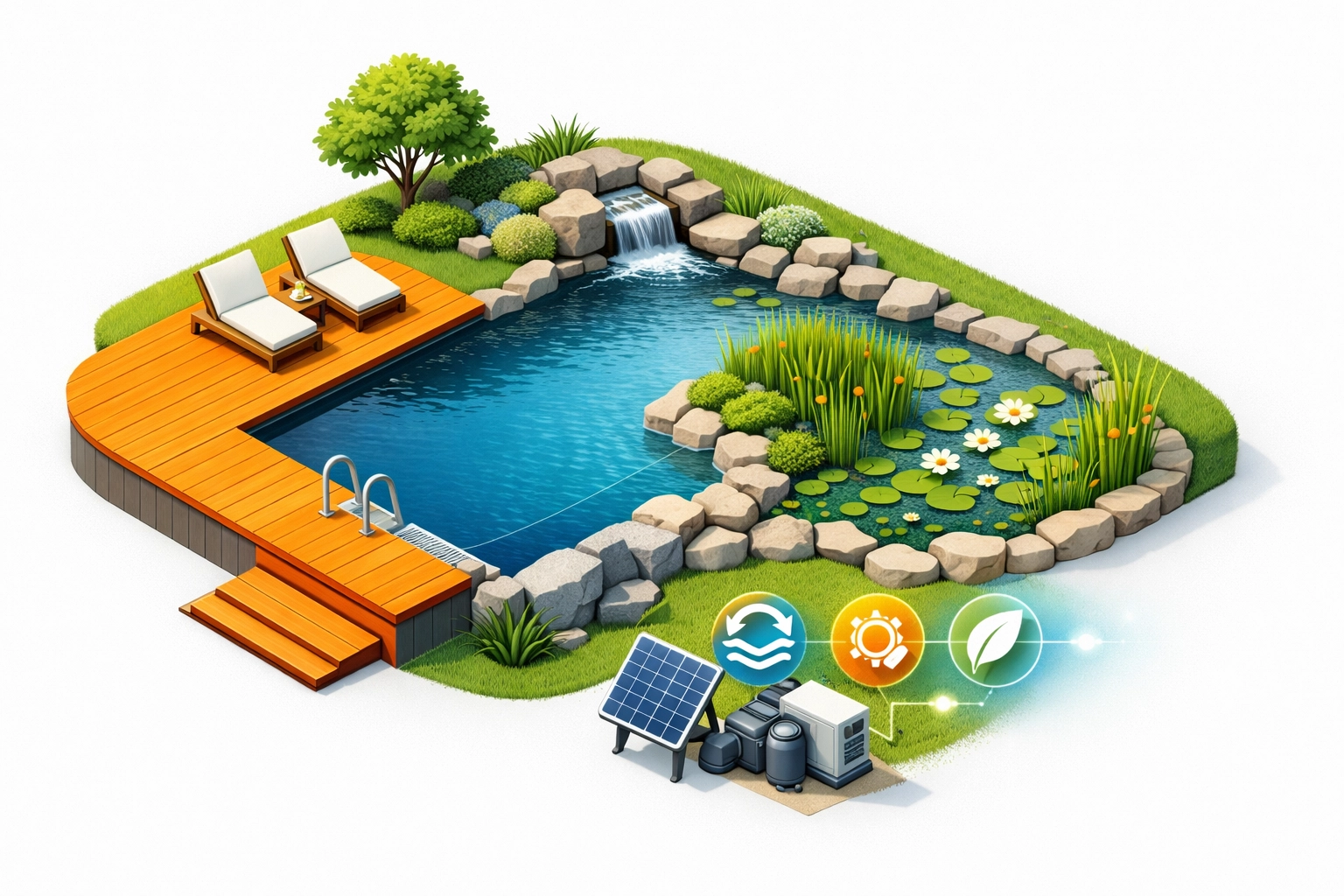 Eco-friendly natural swimming pond with plant filtration and solar-powered pump in a Hampshire garden.