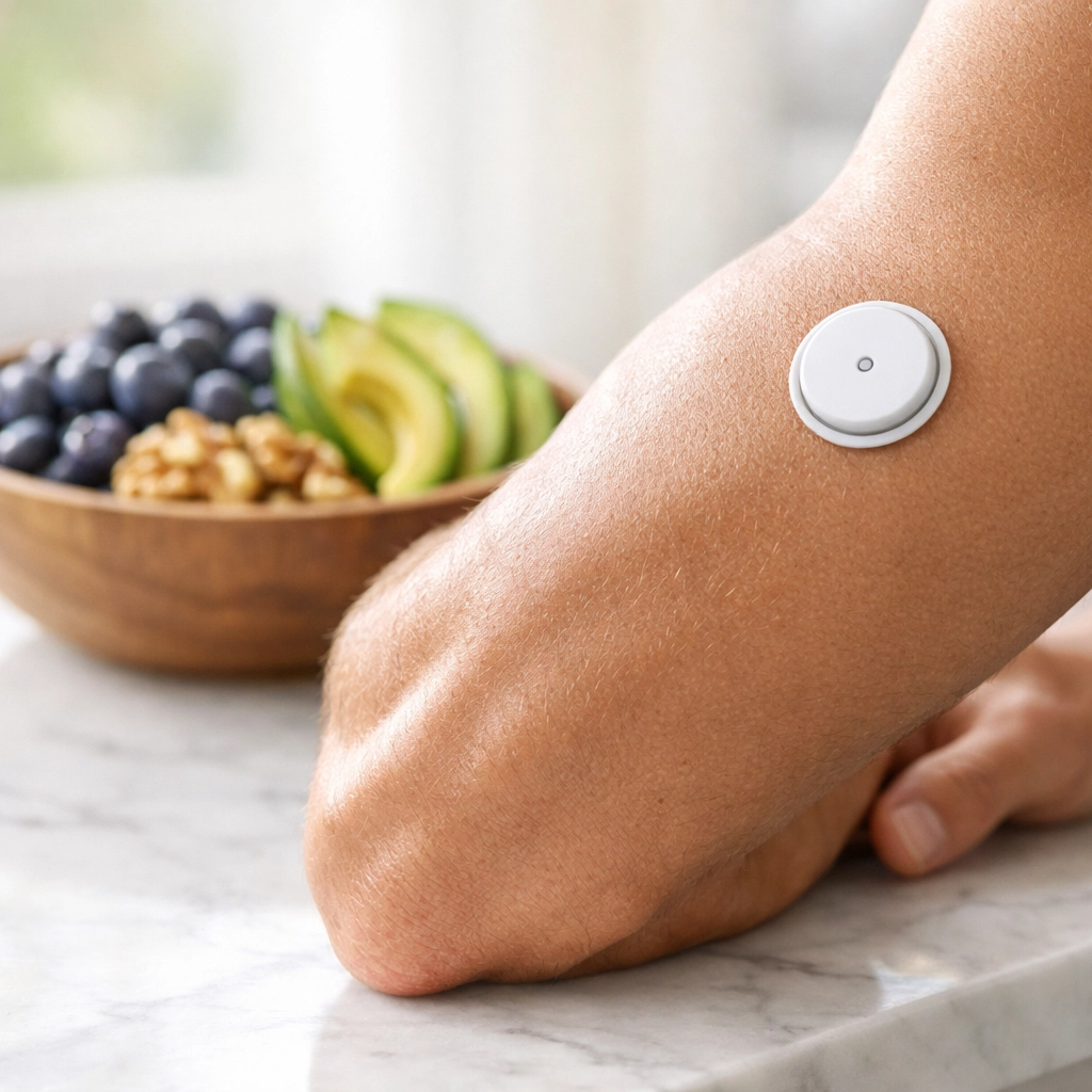 Athlete wearing a CGM sensor next to healthy superfoods to track nutrition and hybrid performance.