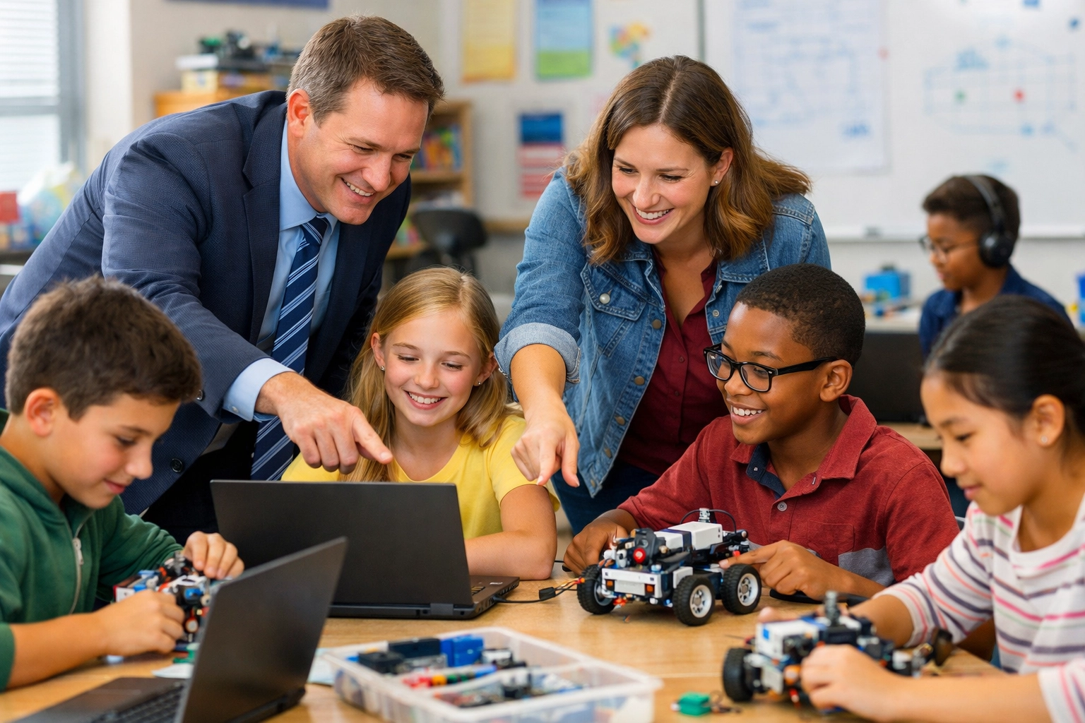 Corporate professional and teacher co-facilitating hands-on STEM activity with diverse students