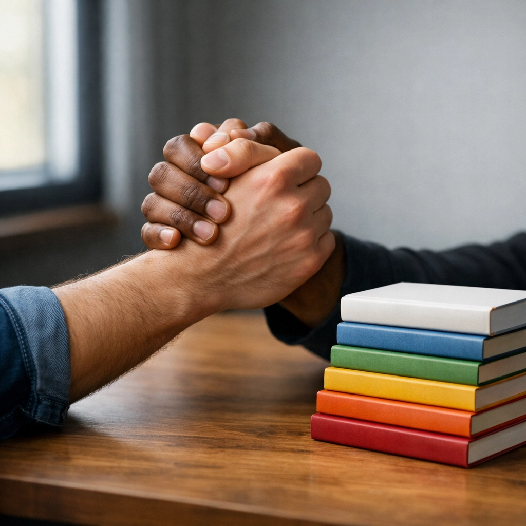 Two men clasp hands next to a stack of books, showing LGBTQ+ resilience and solidarity at Read with Pride.