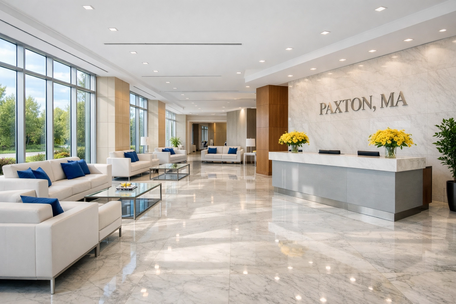 Spotless professional office lobby in Paxton, MA with polished floors and high-end commercial cleaning results.