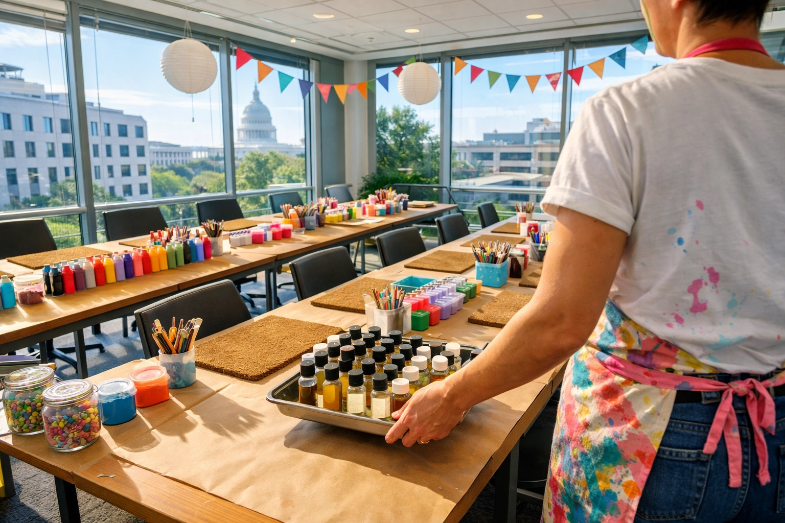 A bright DC conference room transformed into a mobile DIY craft studio with painting supplies and doormats.