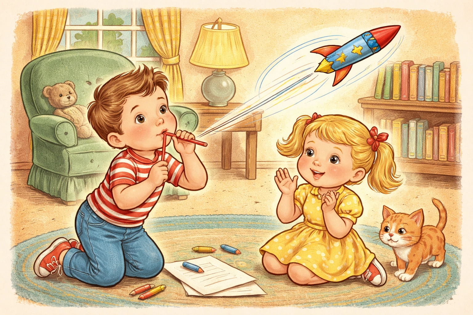 Children launching colorful straw rockets in cozy living room during fun indoor STEM activity