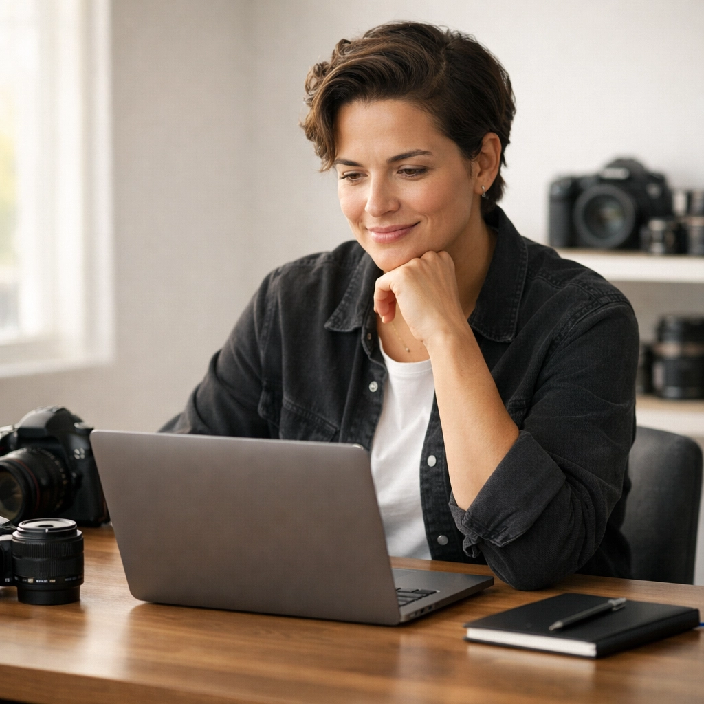 A professional photographer using Proshoot.io to manage photography bookings from a modern home office.