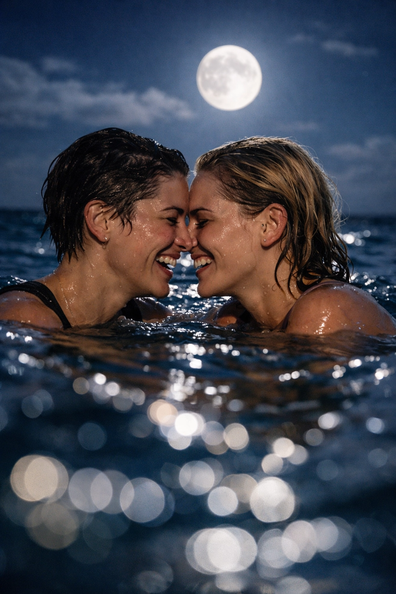 Queer couple swimming together in moonlit ocean water sharing joyful moment