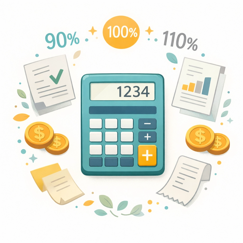 Calculator showing 90%, 100%, and 110% tax payment thresholds to avoid IRS penalties
