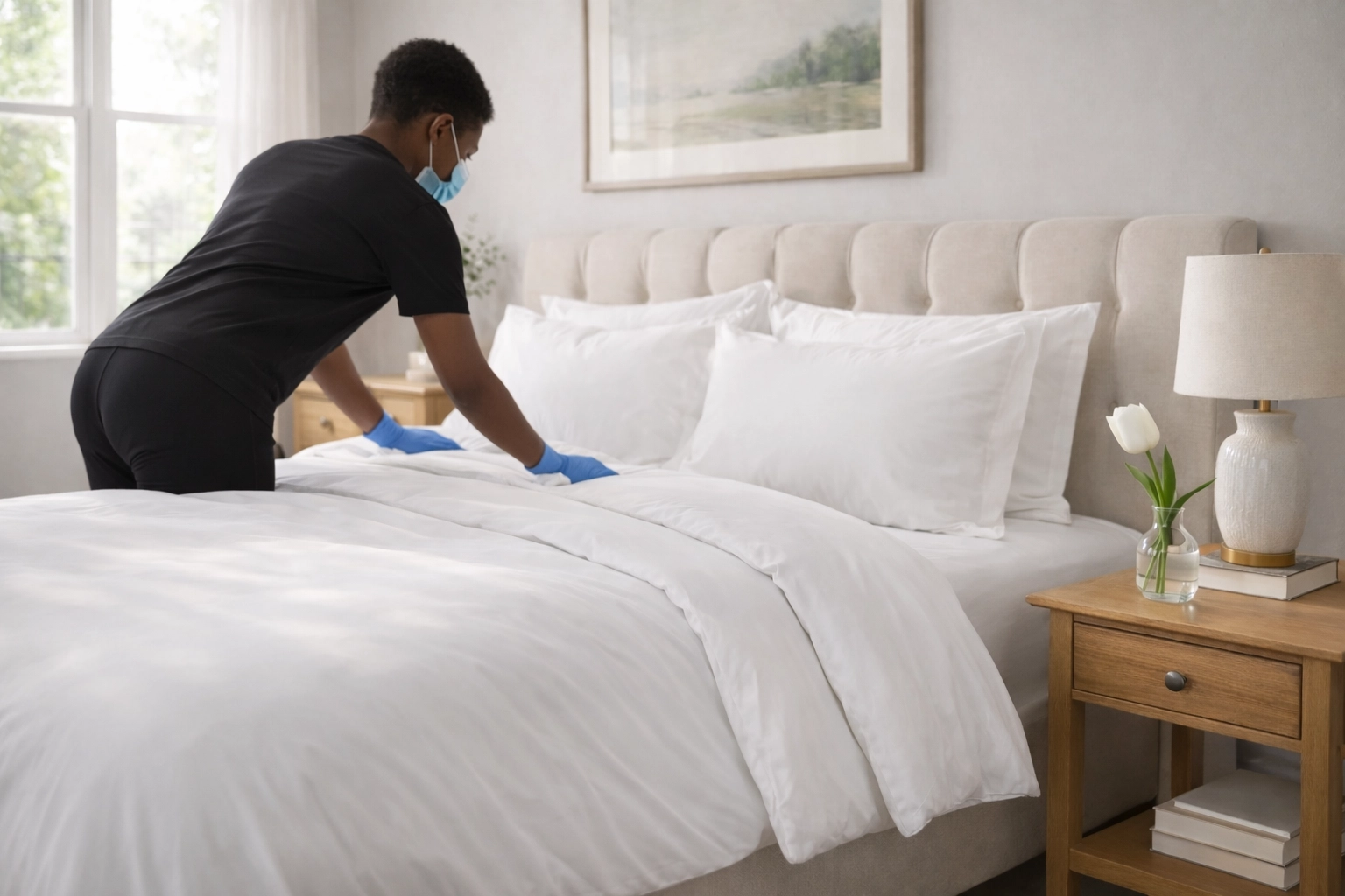 A pristine, healthy master bedroom sanctuary cleaned by house cleaning services in Nanaimo.