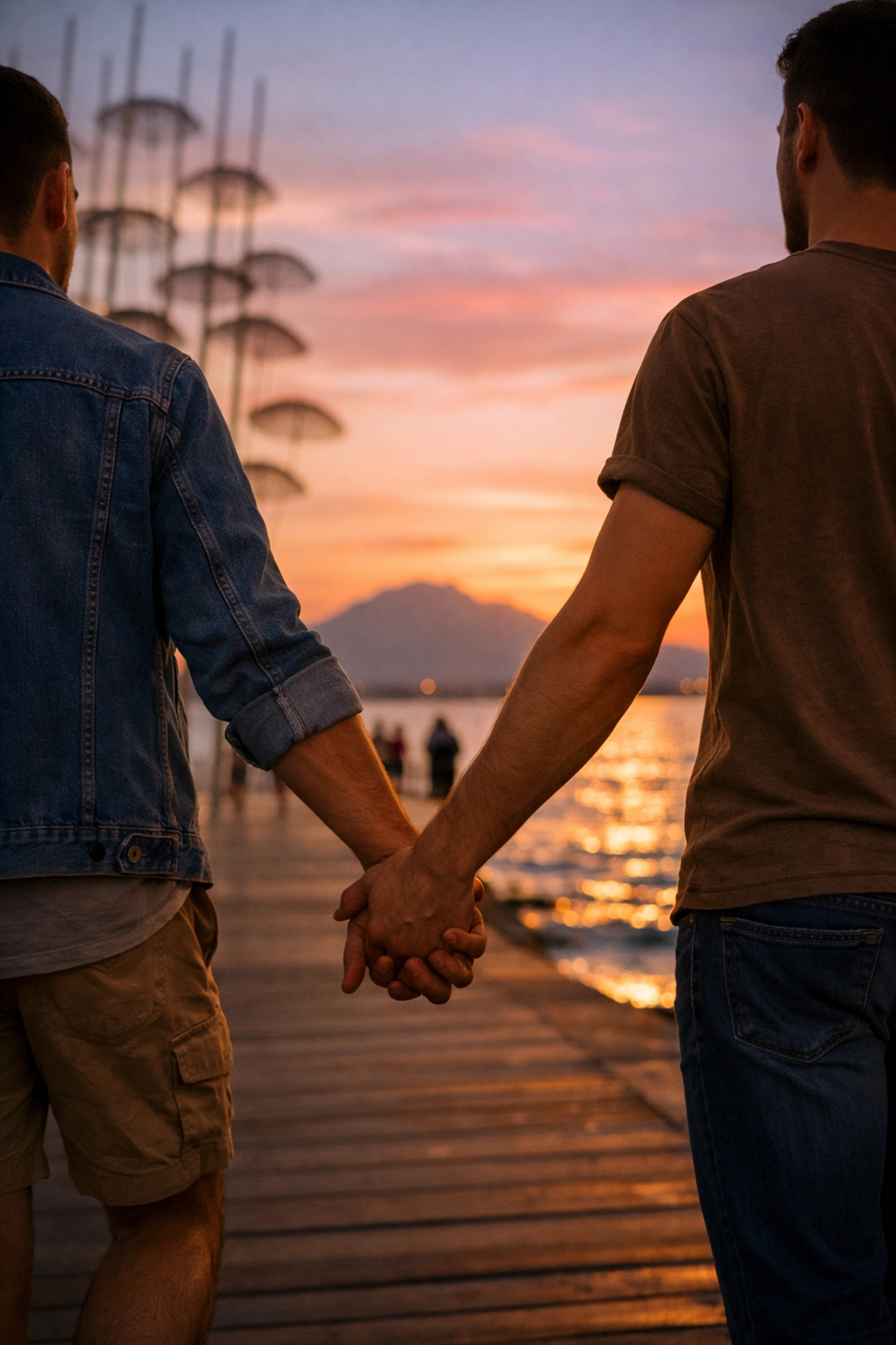 Gay couple holding hands at sunset on Thessaloniki waterfront with Umbrellas sculpture