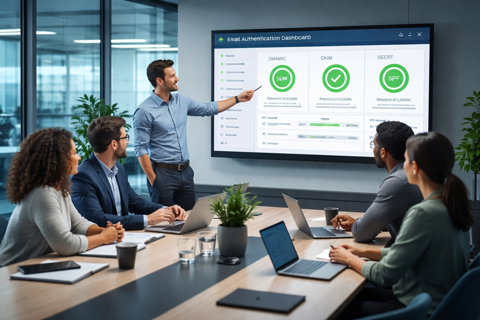 IT team reviewing email authentication dashboard, demonstrating business email security setup and validation