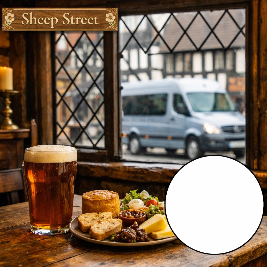 Historic pub on Sheep Street in Stratford-upon-Avon with a view of a silver blue tour bus.