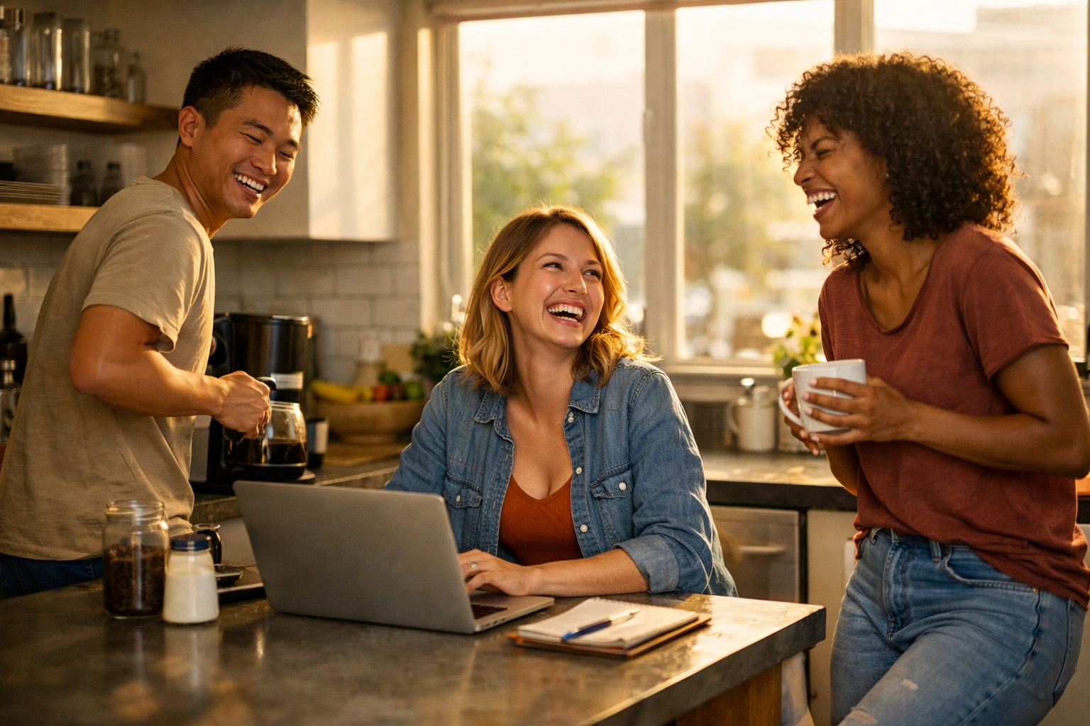 Young professionals building community in shared co-living kitchen space