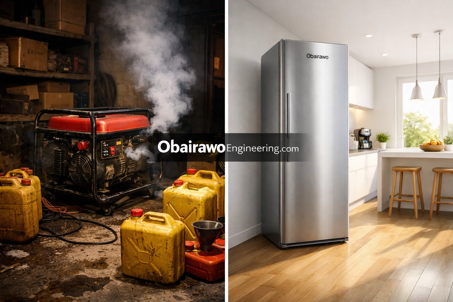 Comparing expensive generator fuel costs to the savings of an Obairawo self-powering standing freezer.