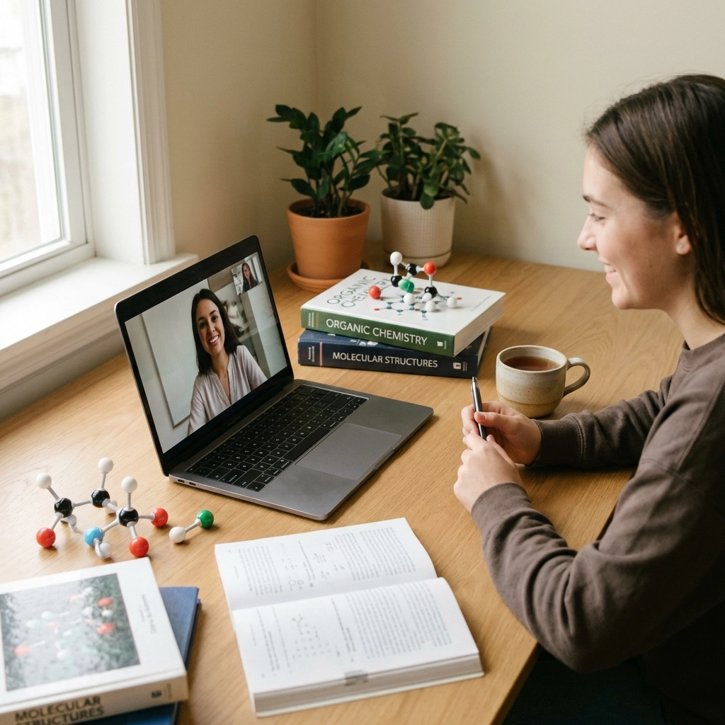 Student studies chemistry with online tutor, textbooks and molecular models, emphasizing Chemistry Tutor Dubai support for Medicine and Oxbridge success.