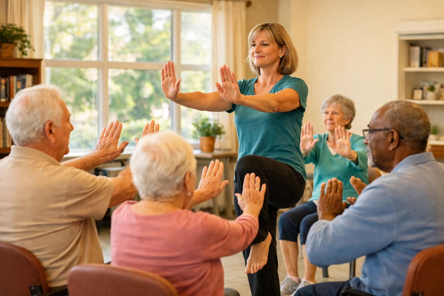 Seniors participating in chair exercise class for balance and fall prevention