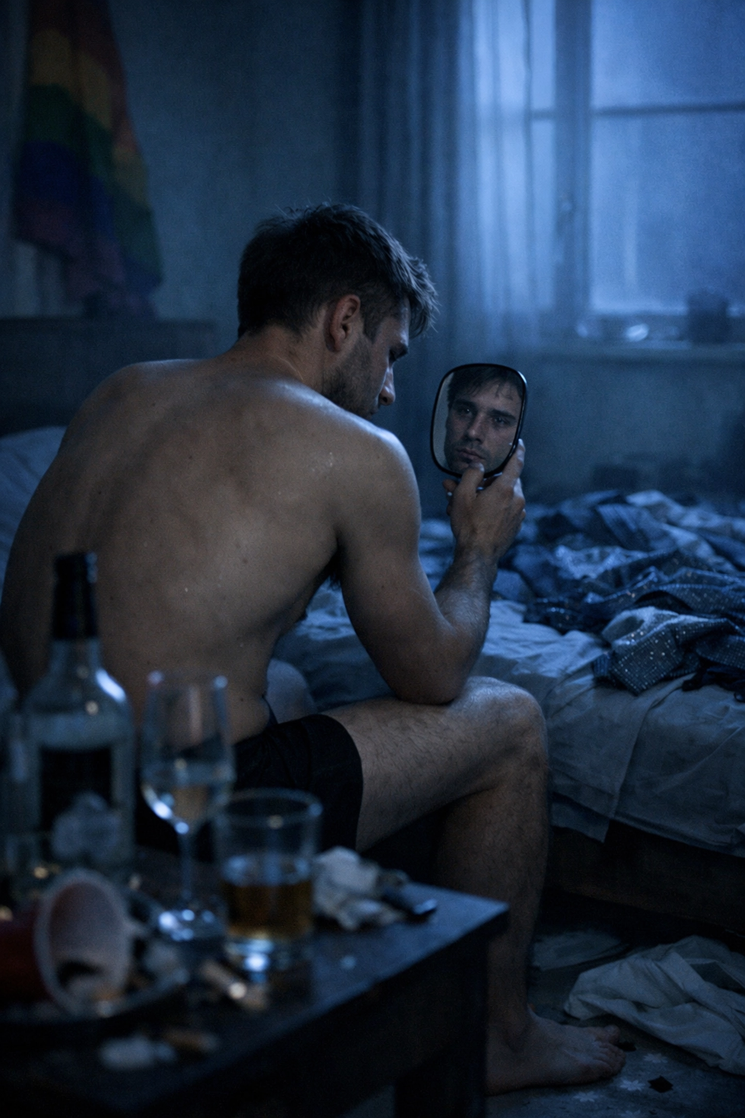 A lone man reflecting in a mirror after a party, depicting the emotional toll and stress of gay addiction.