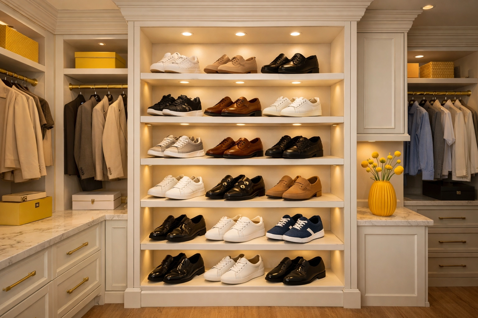 Neatly organized shoes on luxury closet shelves illustrating the shoe rotation ninja hack.