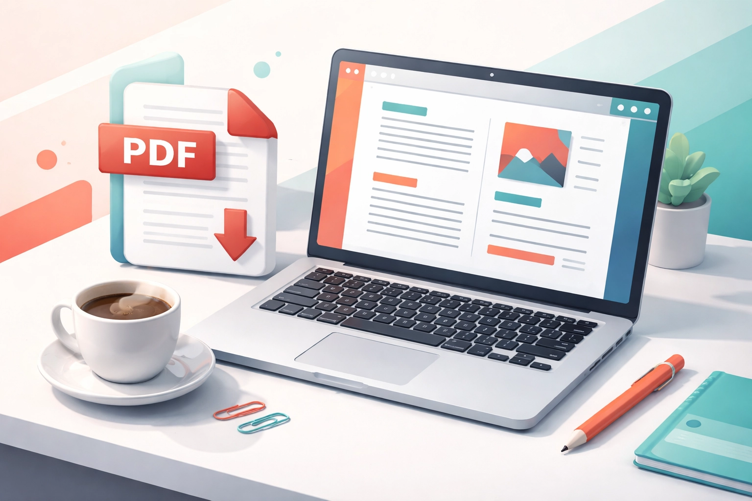 Laptop displaying formatted ebook content with PDF icon and coffee cup, showing digital ebook creation process