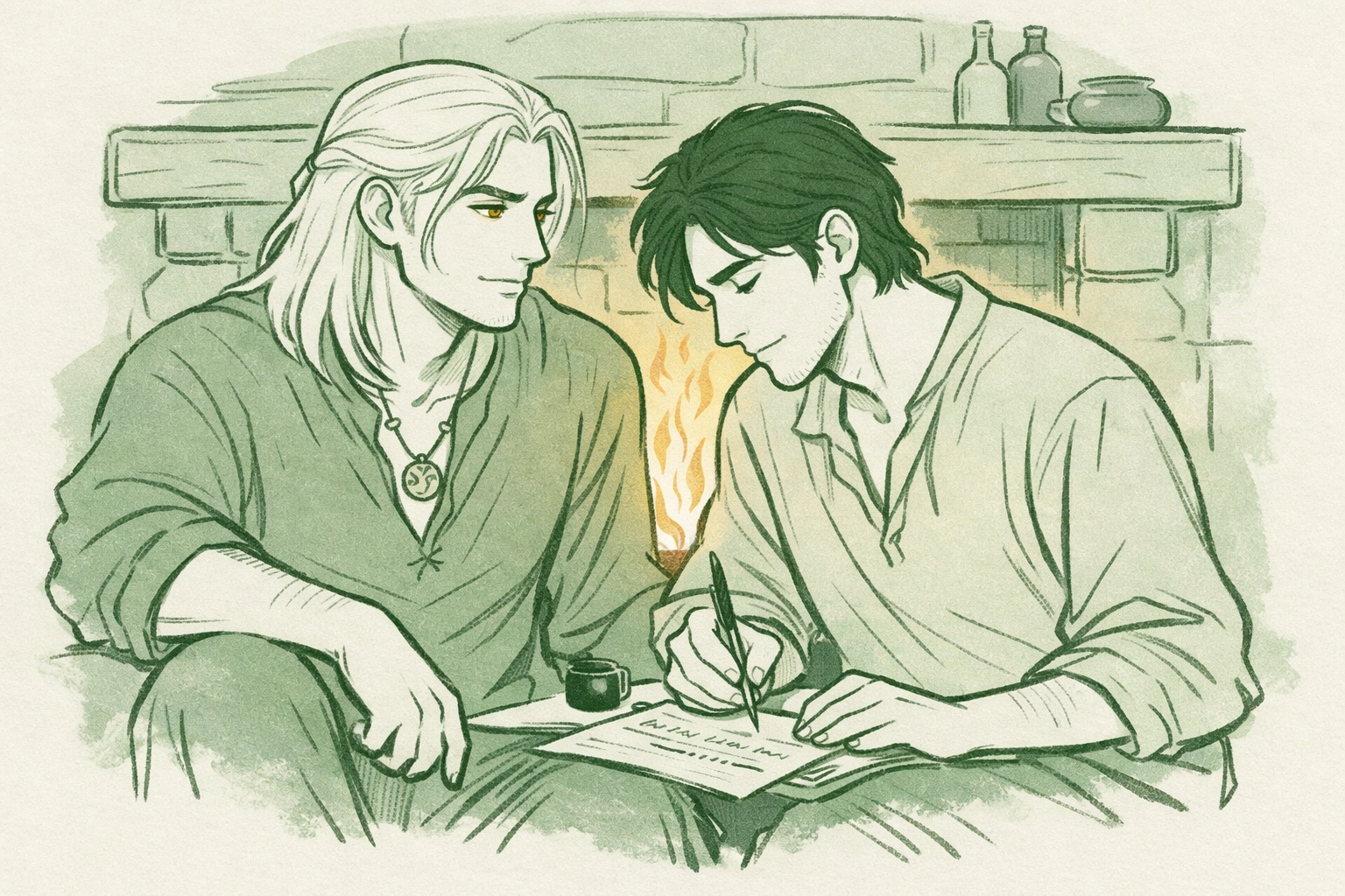 Witcher and healer by fireplace communicating silently - MM romance emotional scene