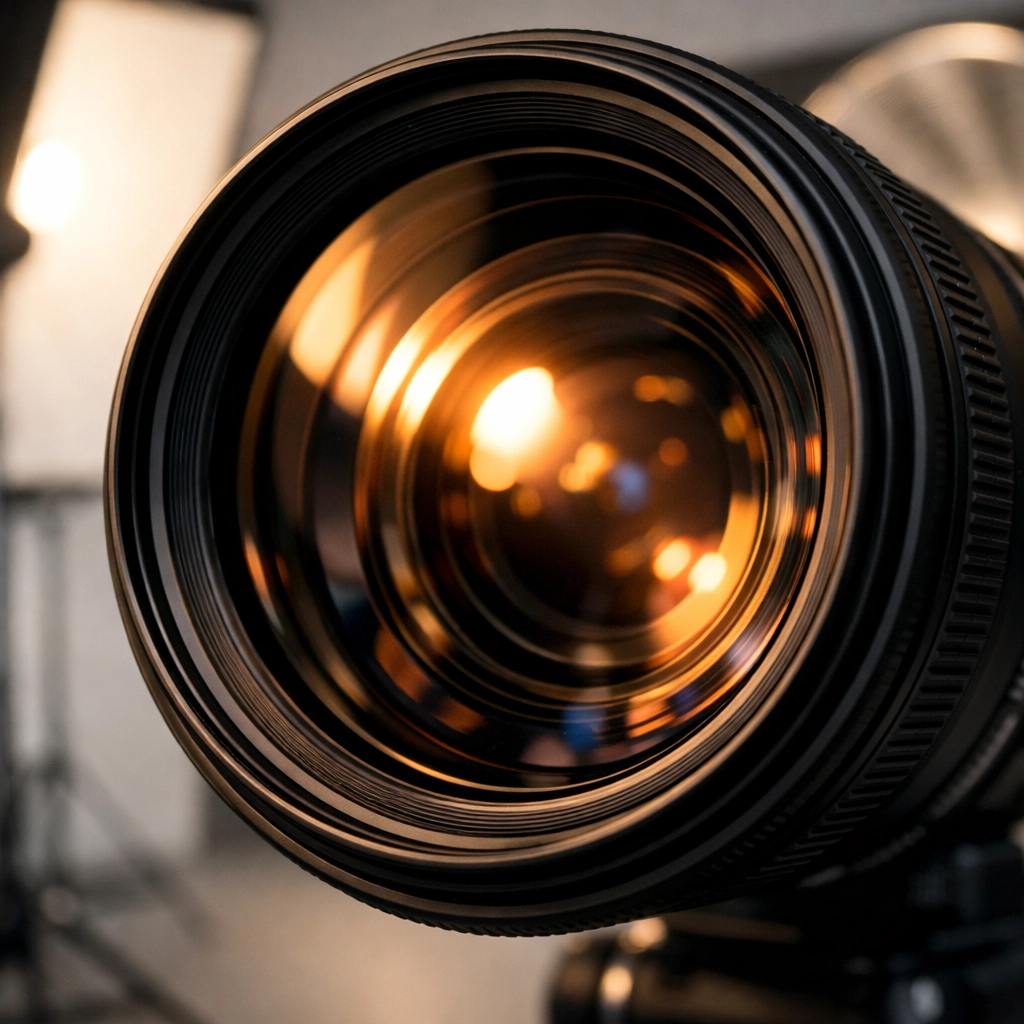Close-up of professional photography gear and high-end camera lens in a studio setting.
