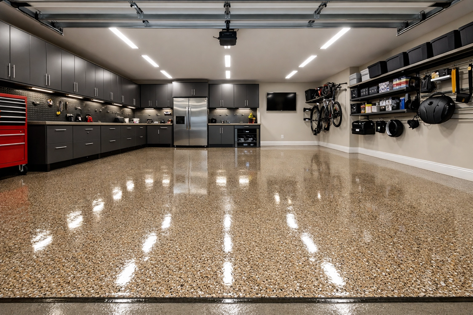 Completed professional garage floor transformation in Ridgeland with a tan and mocha flake finish.