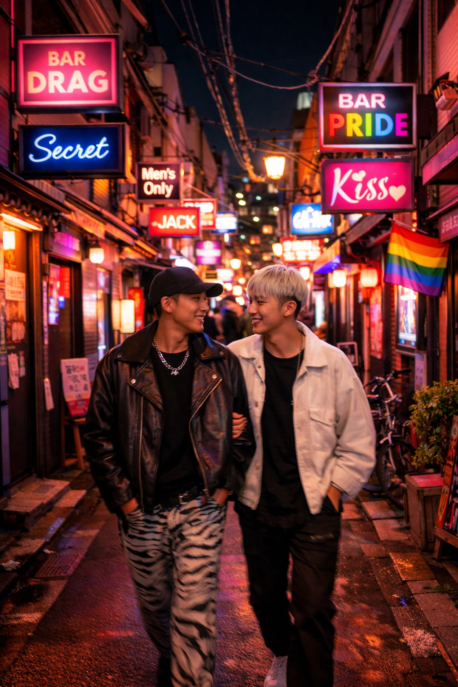 Shinjuku Ni-chome gay district in Tokyo with neon-lit bars and nightlife