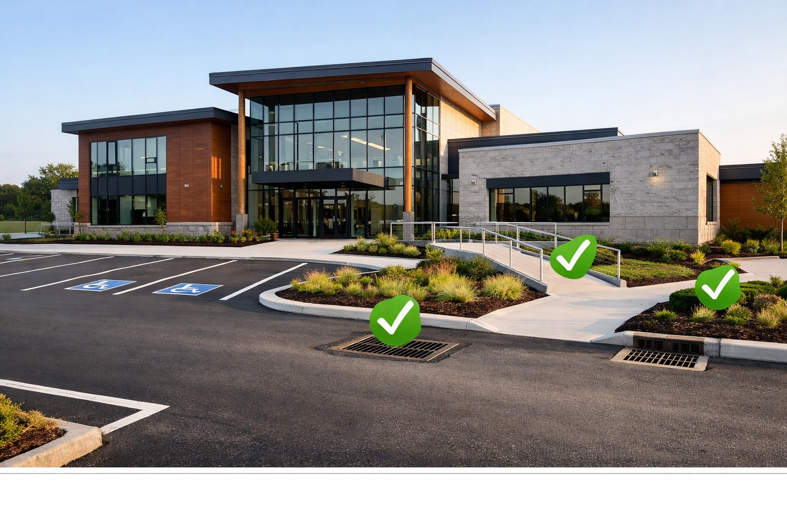 Completed modern building in Ontario showing compliant site grading, landscaping, and drainage design.