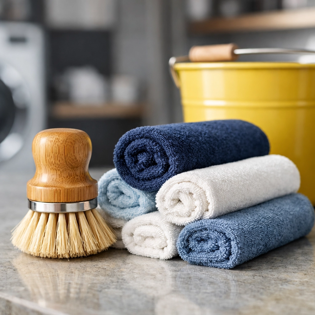Sustainable cleaning tools including bamboo scrub brushes and reusable microfiber cloths