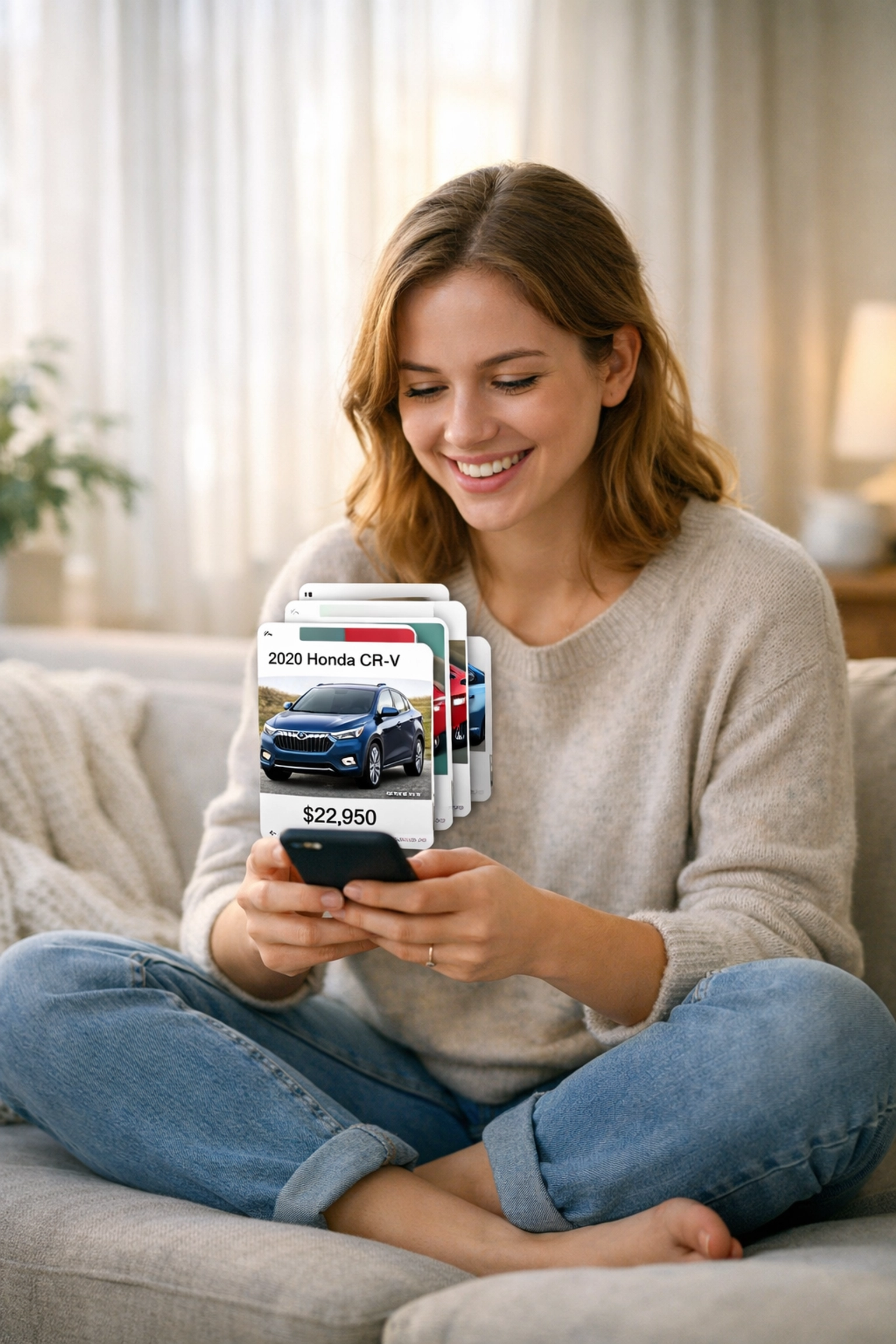 Woman using Whips AI car shopping app to find personalized vehicle matches from home