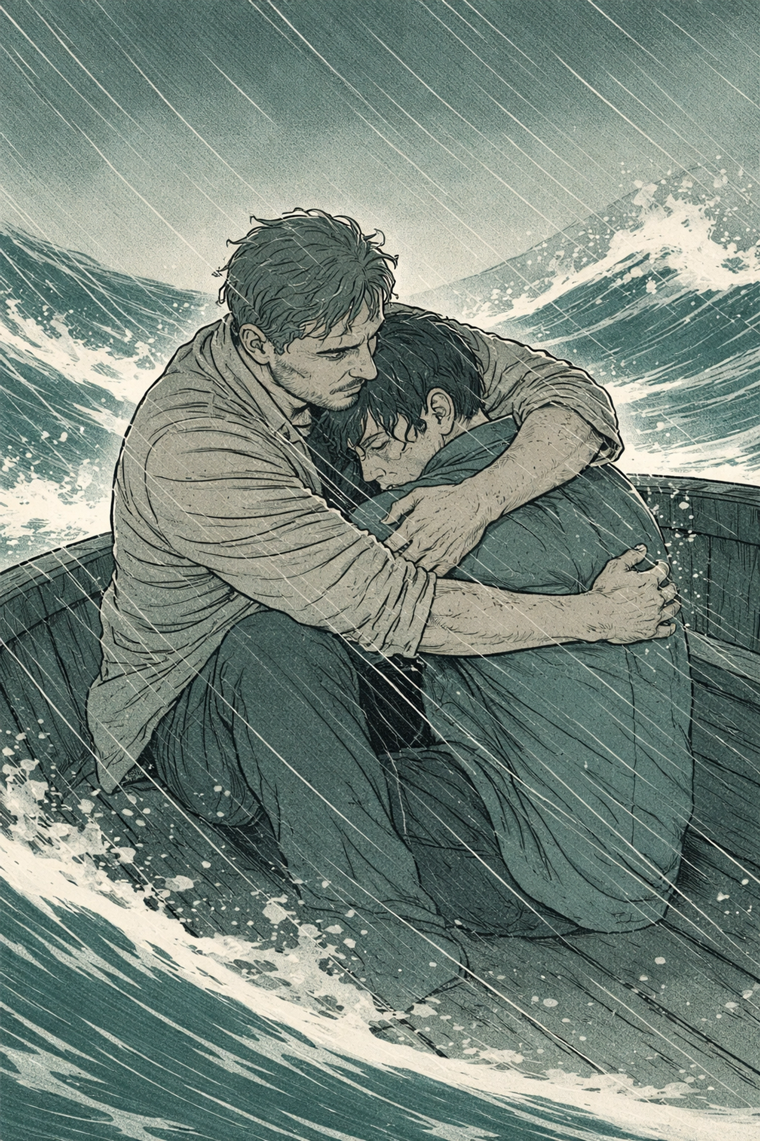 Two men cling to each other on a small boat during a violent storm at sea, illustrating trust and love amidst chaos.
