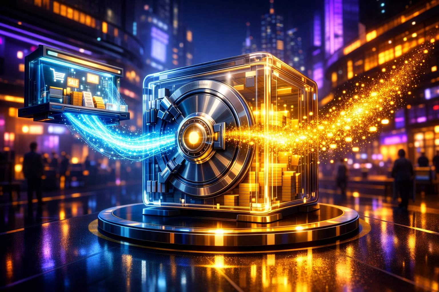 Digital vault in a metaverse storefront symbolizing lower merchant fees and higher profits.
