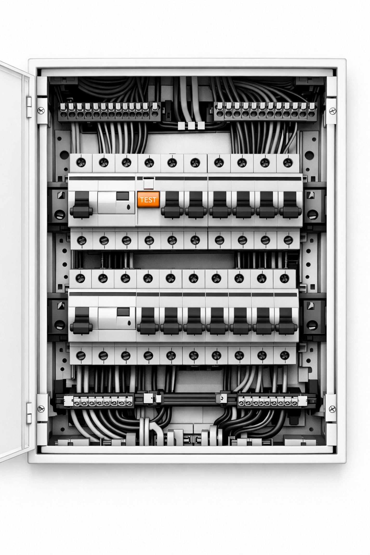 Geöffneter Verteilerkasten mit FI-Schaltern für den E-Check bei Sanierungsprojekten in NÖ.