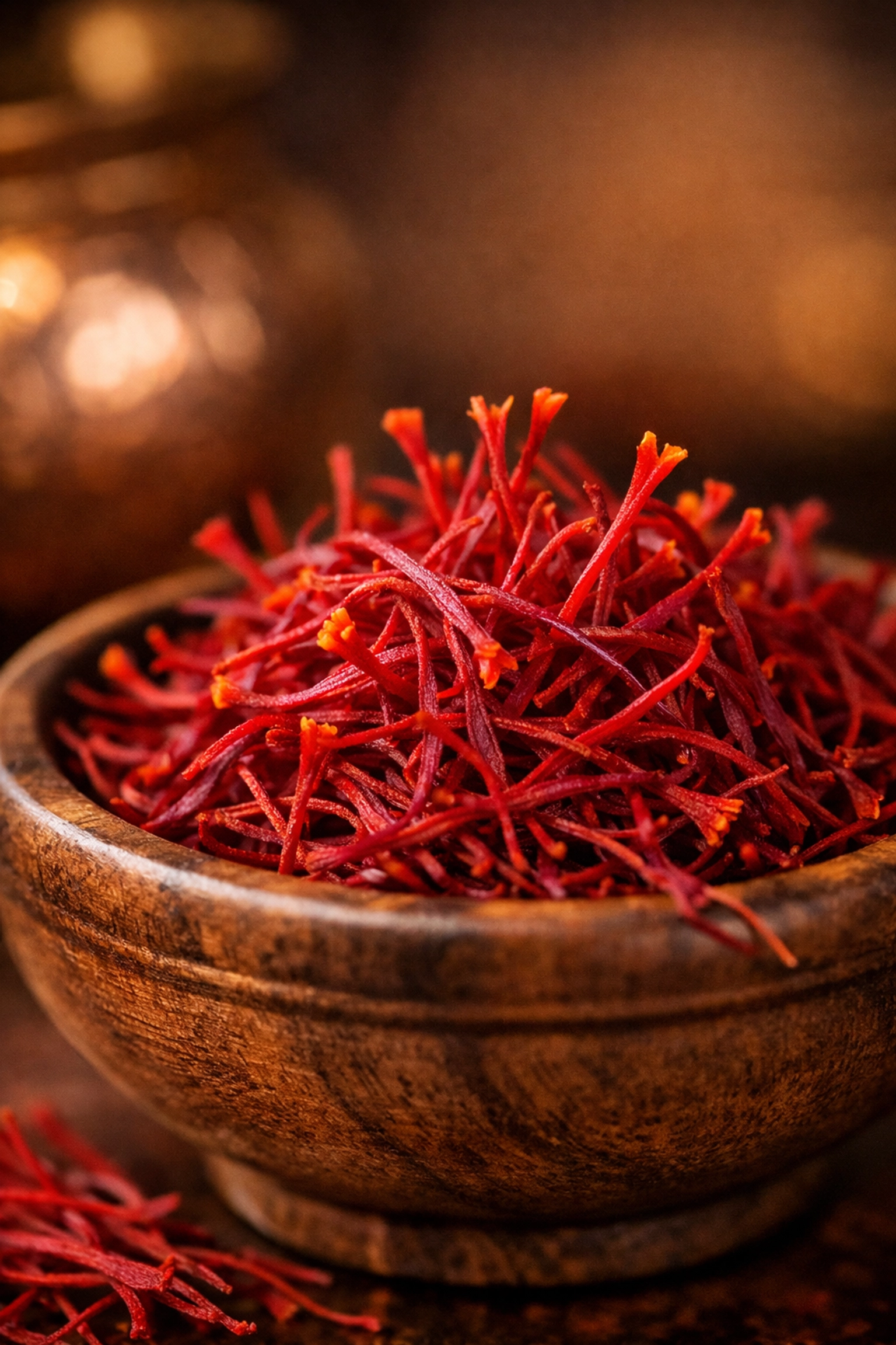 Close-up of authentic Kashmiri saffron strands in a traditional wooden bowl.