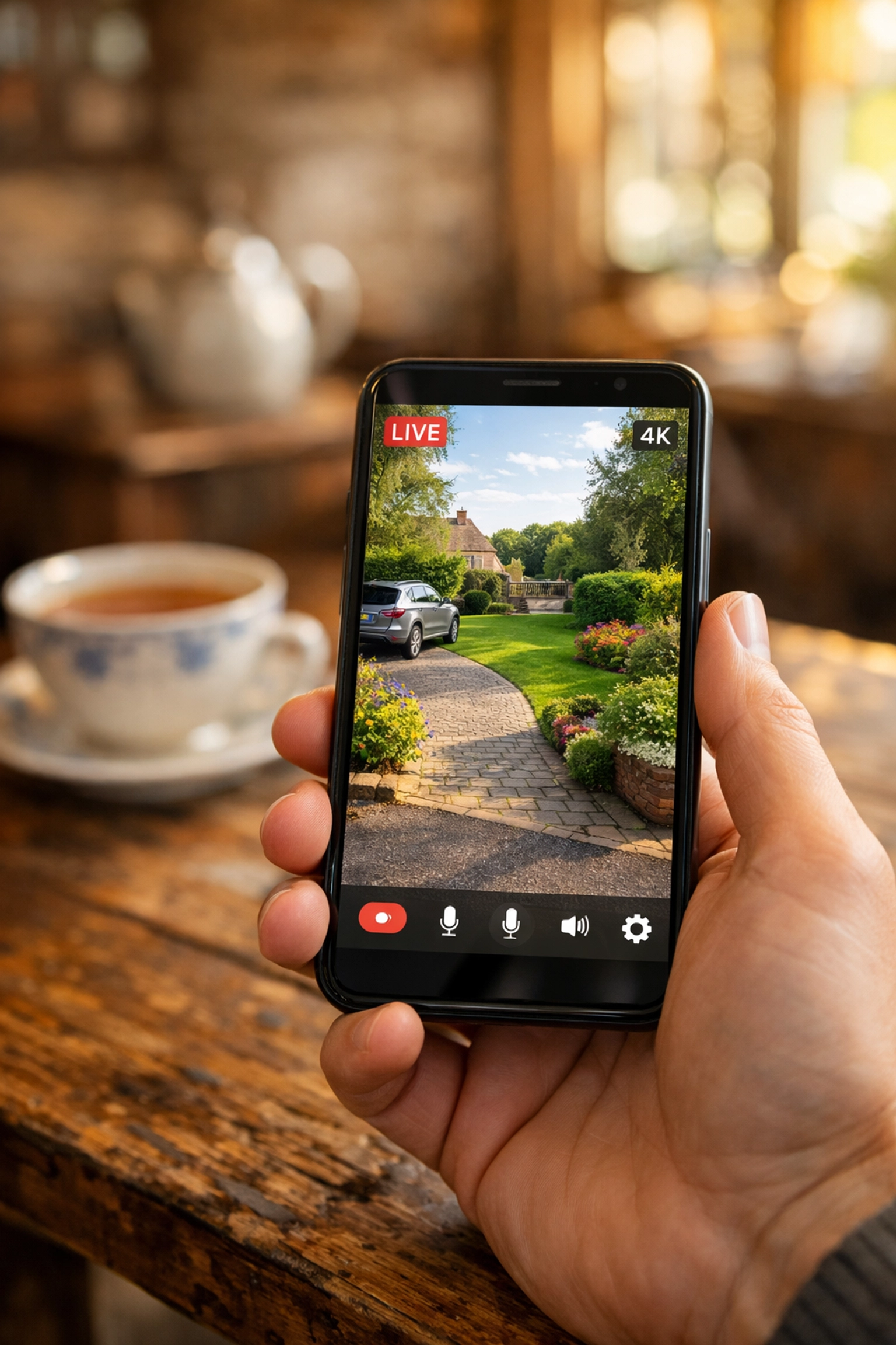 Smartphone showing high-definition 4K CCTV live feed via a mobile security app.