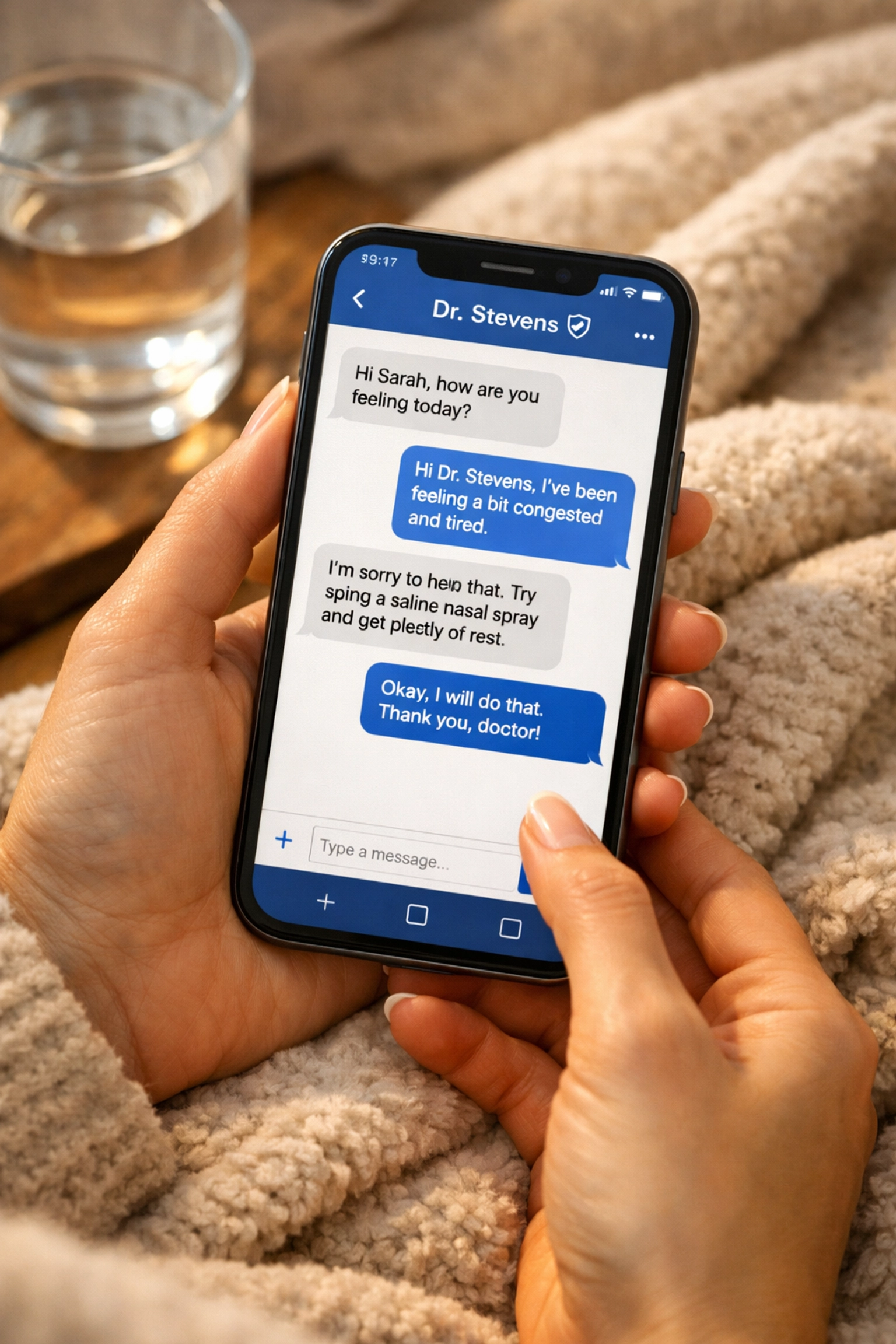 Patient messaging online doctor for nausea treatment from home via smartphone