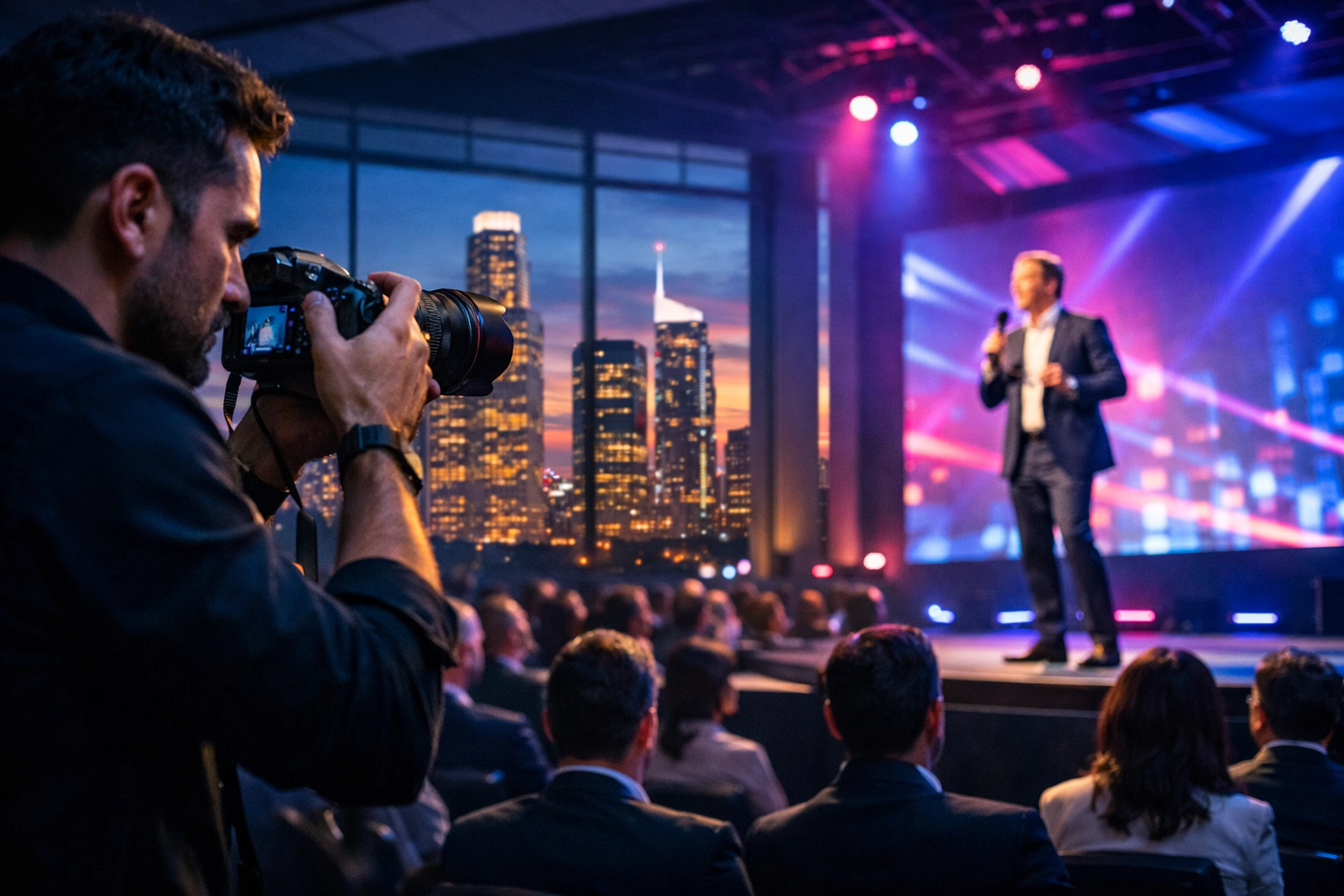 Professional event photographer capturing a keynote speaker at a Los Angeles corporate event.