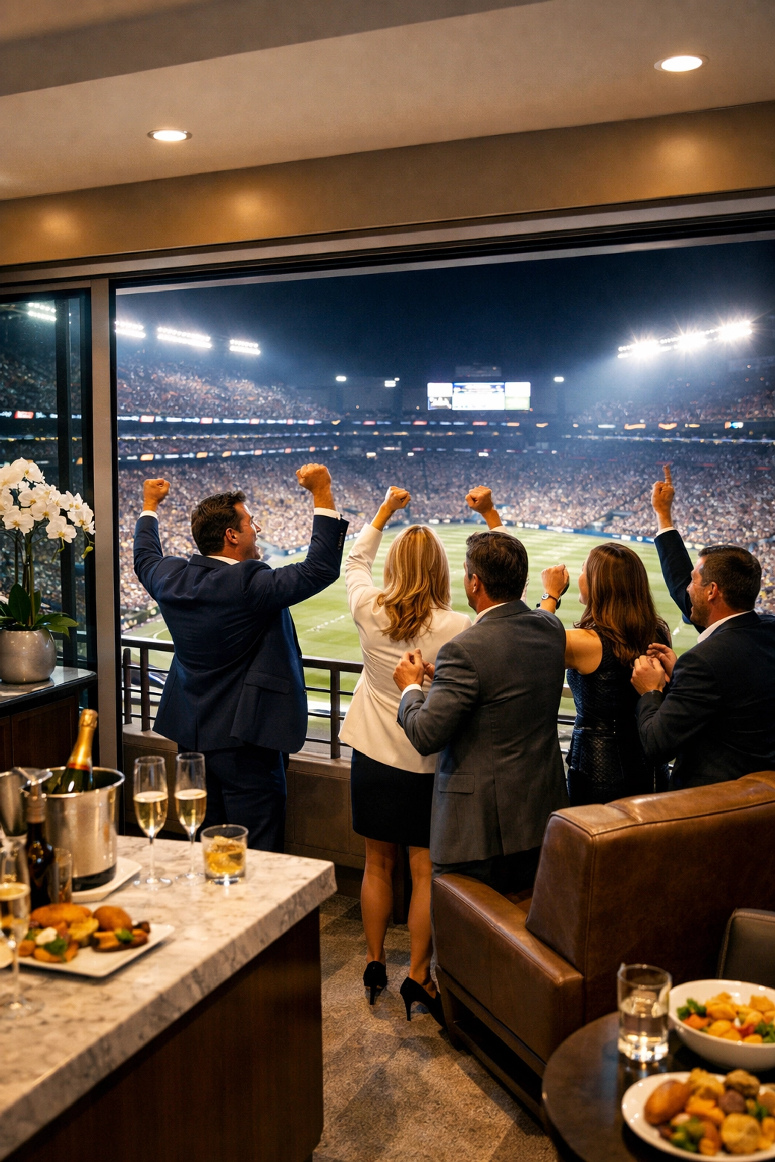 Successful corporate team celebrating in a luxury Super Bowl suite during a night game.