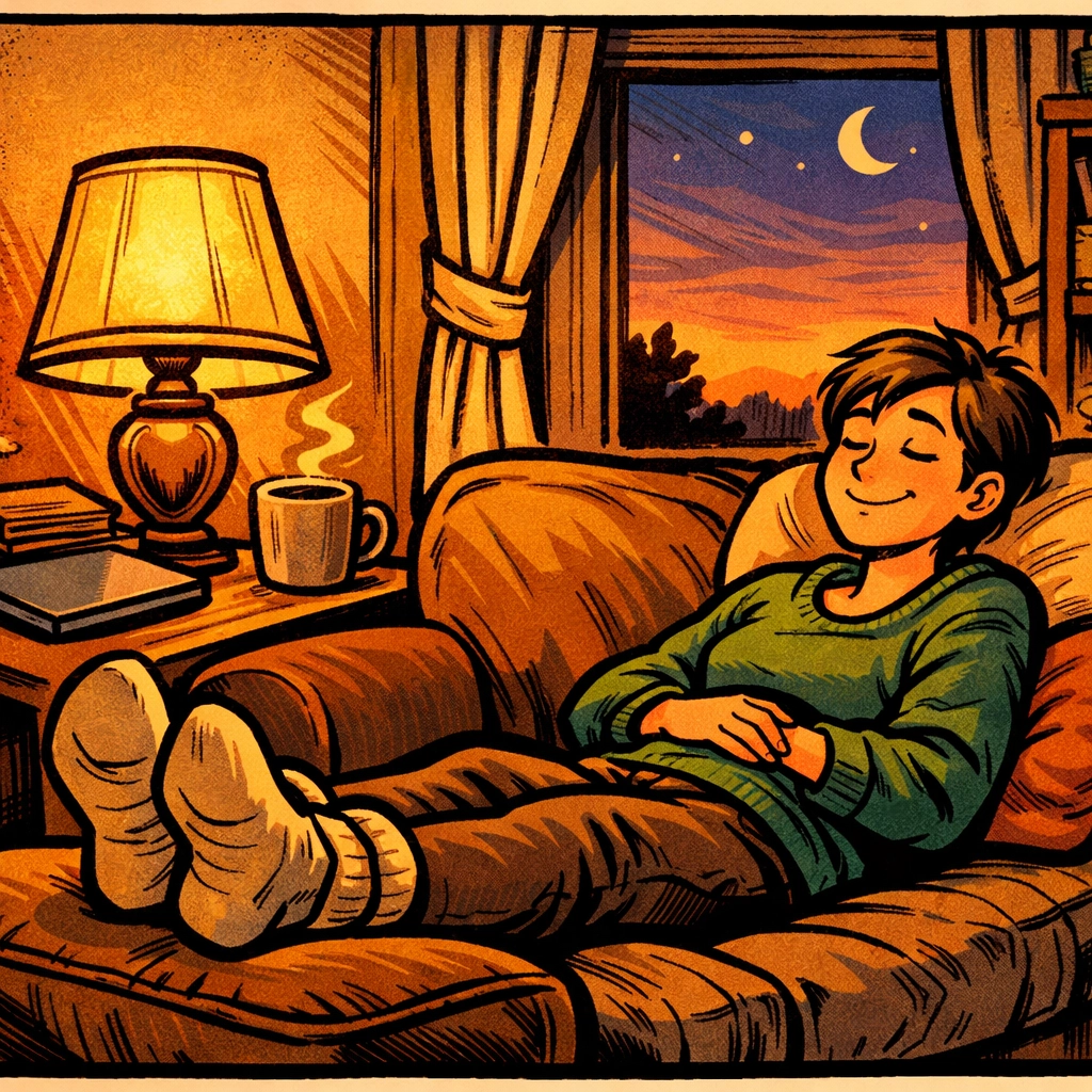 Relaxed solopreneur enjoying Sunday evening with laptop closed after AI handles business