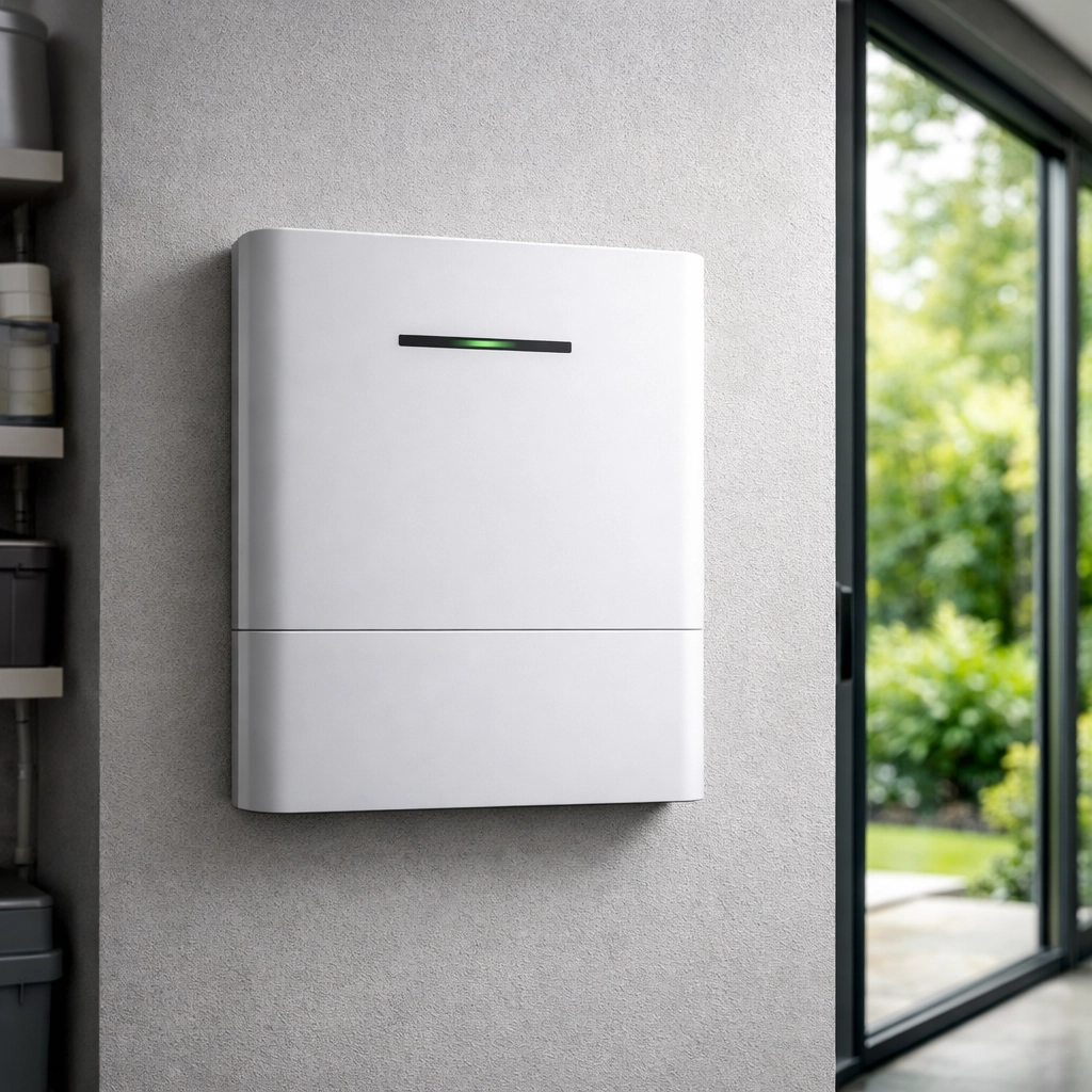 Sleek home energy storage battery installed in a modern utility room for solar power independence.