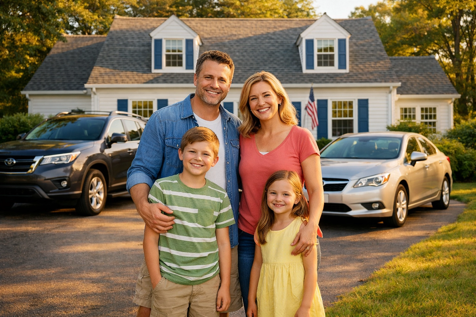 Family with home and cars illustrating bundled home and auto insurance savings