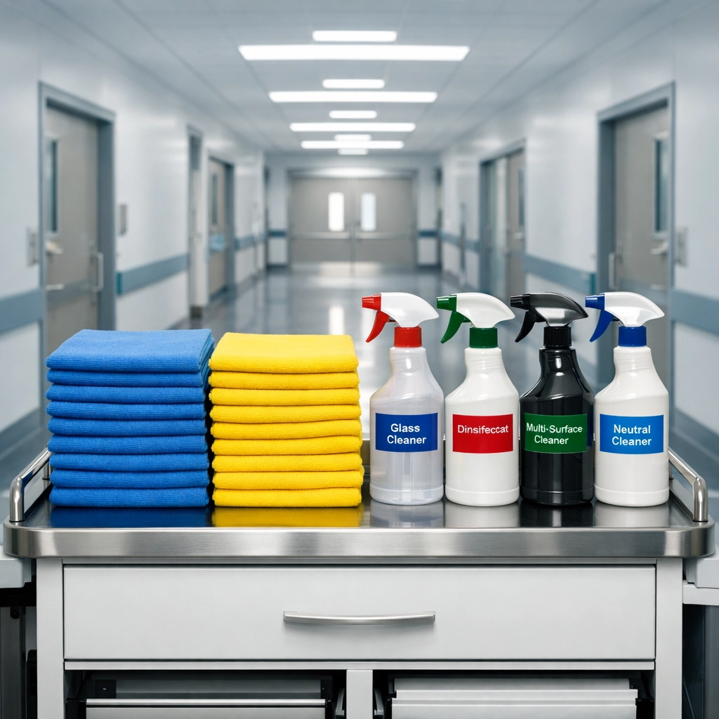 Janitorial workstation in a Taunton medical facility organized for high-standard sterile disinfection and cleaning.