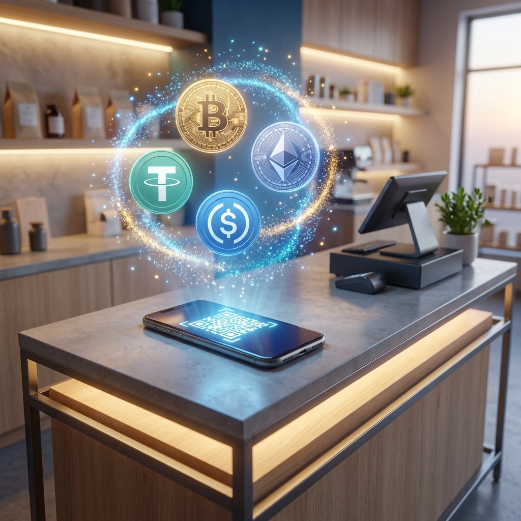 A small business checkout counter with a smartphone QR code and floating crypto coins, illustrating seamless Web3 payments.