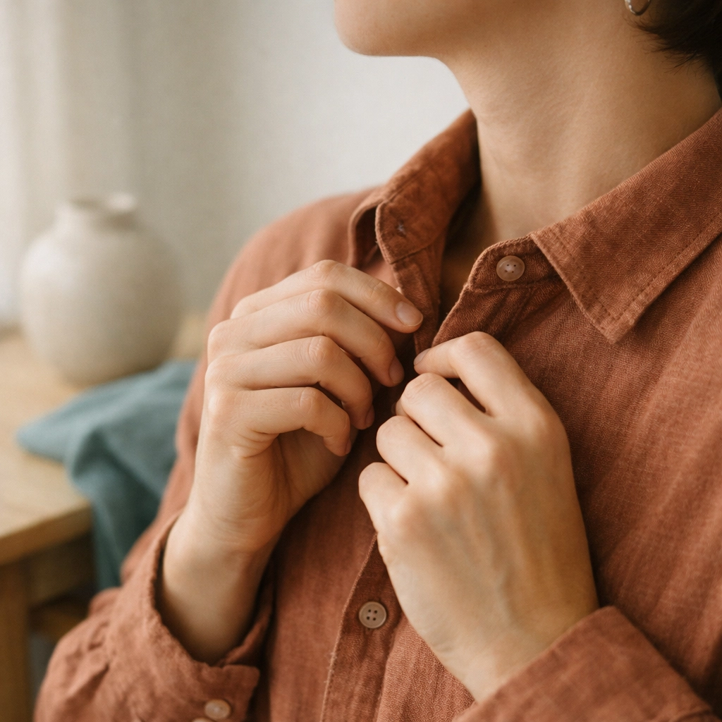Hands adjusting a shirt collar during a quiet moment of trans joy and gender euphoria in soft light.