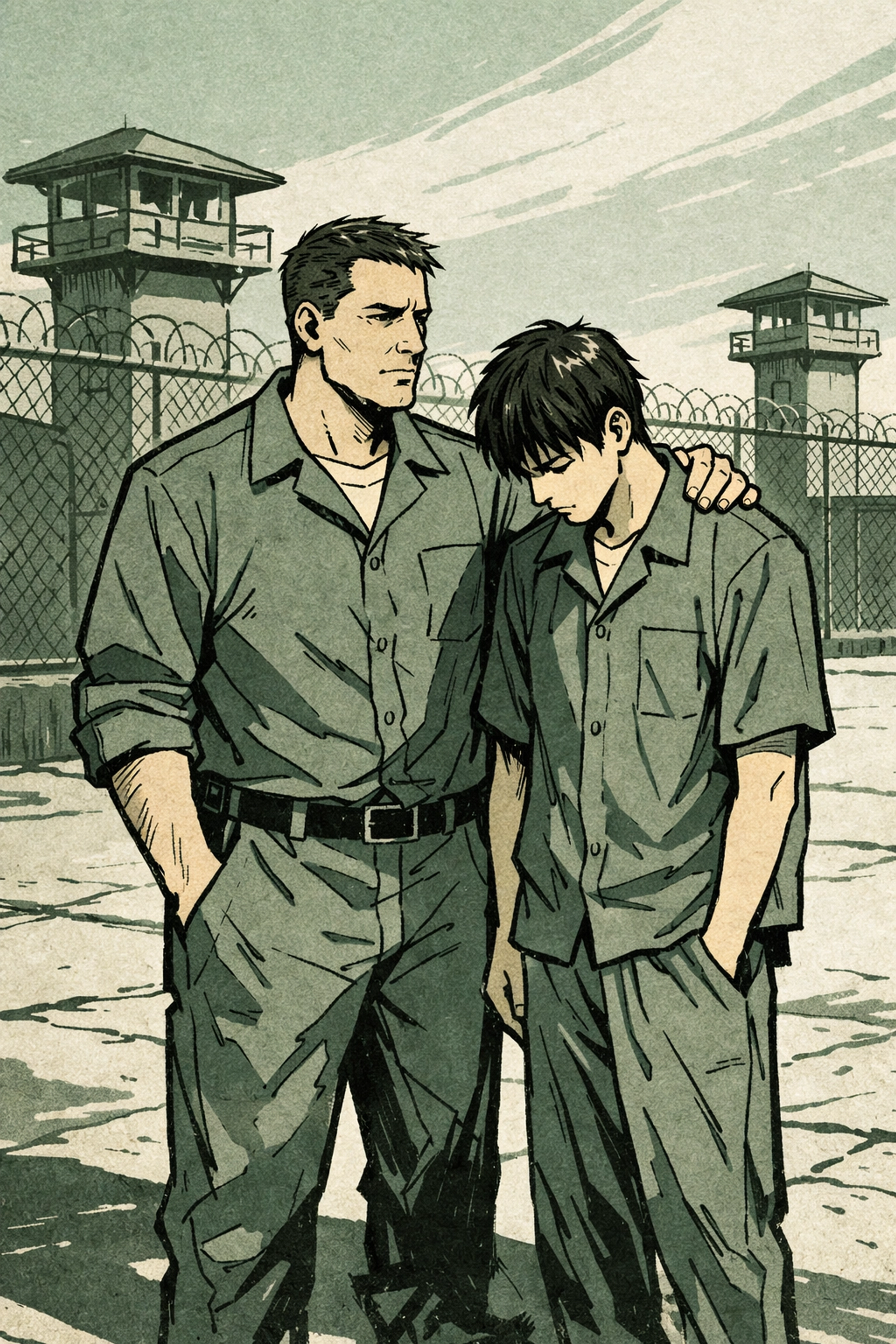Gay prison romance: protector offering safety to vulnerable newcomer in prison yard - MM romance illustration