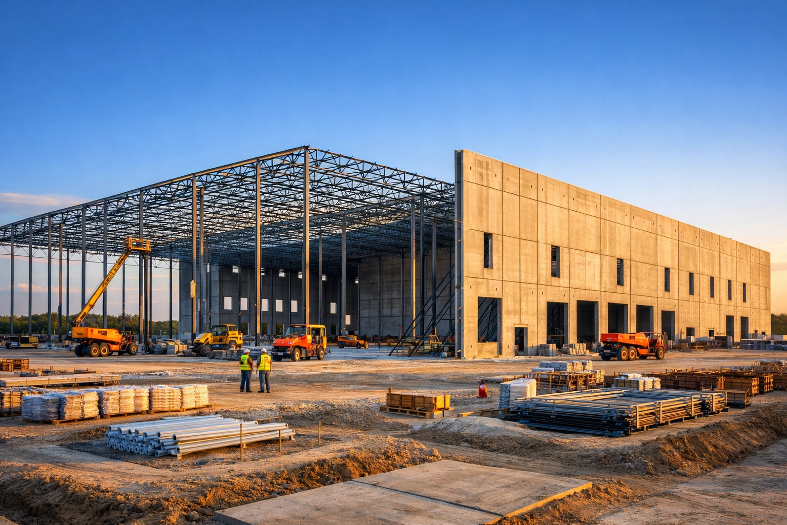 Industrial warehouse construction site showing steel framework in Central Florida