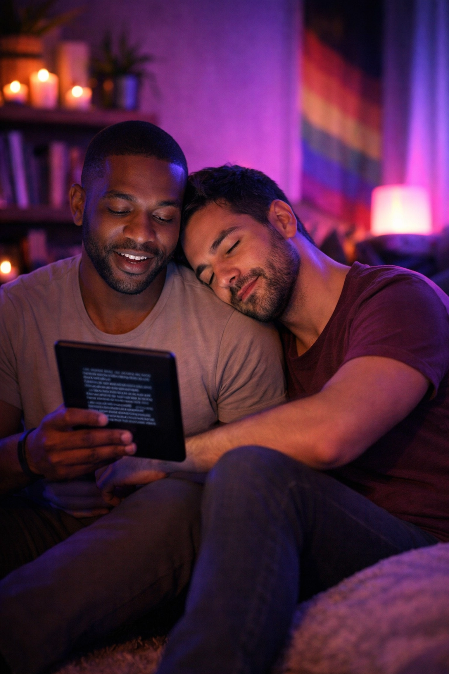 An intimate gay couple enjoying a heartfelt gay love story on a tablet in a cozy living room.